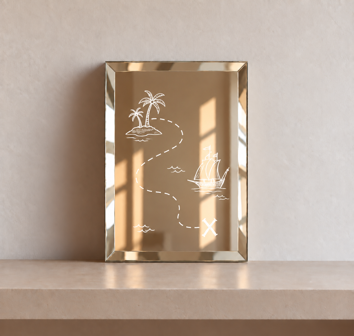 Miroir rectangulaire décoratif avec une carte au trésor dessinée à la main au feutre blanc