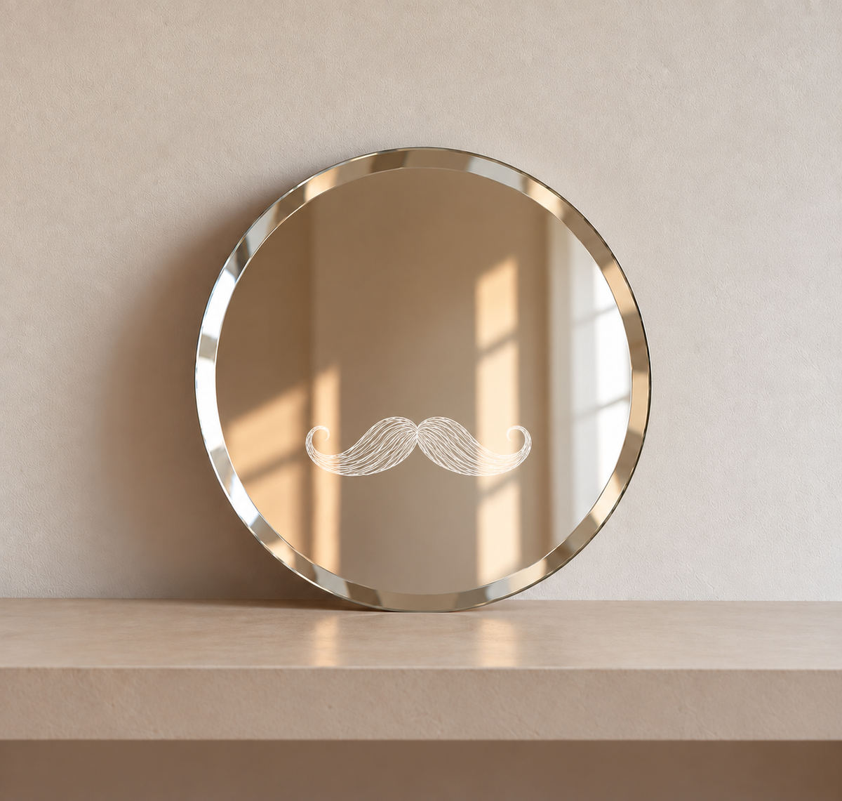 Miroir rond décoratif avec une moustache dessinée à la main au feutre blanc
