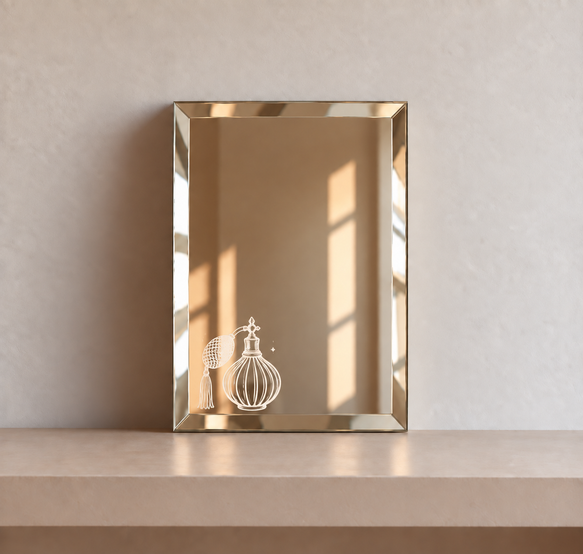Miroir rectangulaire décoratif avec un flacon de parfum dessiné à la main au feutre blanc