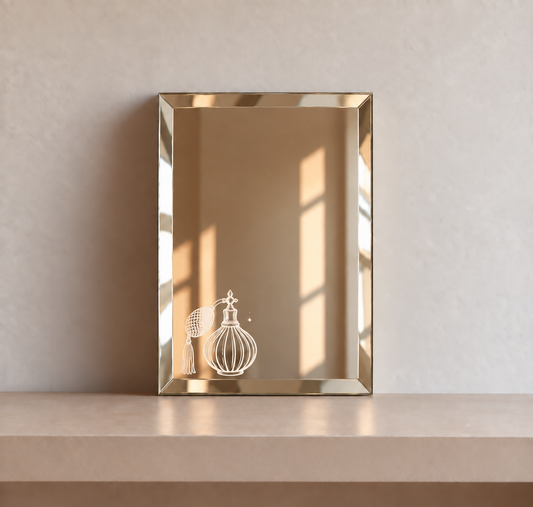 Miroir rectangulaire décoratif avec un flacon de parfum dessiné à la main au feutre blanc