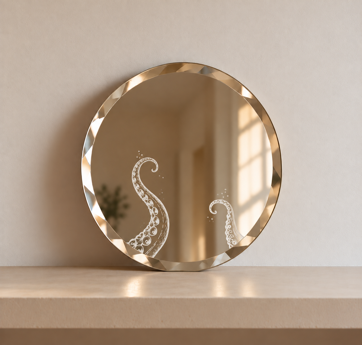 Miroir rond décoratif avec des tentacules de pieuvre dessinées à la main au feutre blanc