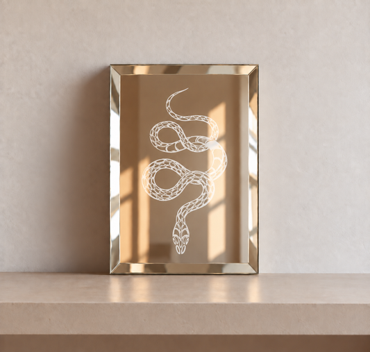 Miroir rectangulaire décoratif avec un serpent dessiné à la main au feutre blanc